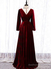 Dark Burgundy Velvet High Neck Long Sleeve Prom Dress
